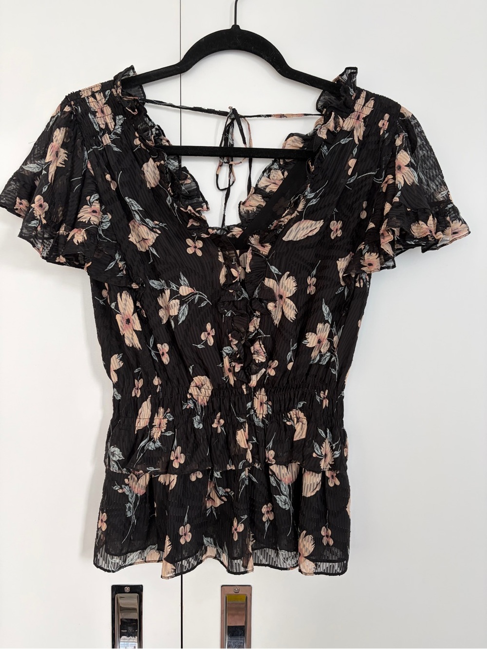 Rebecca Taylor Silk Black Ruffle Floral Top Small